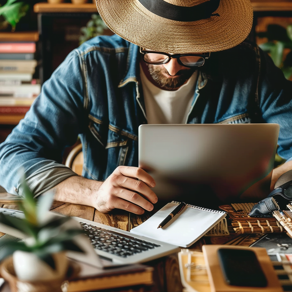 A man in a hat and glasses works on a laptop at a wooden desk, meticulously managing his finances with kleesto payment management, surrounded by books, plants, and a notepad and pen. | kleesto