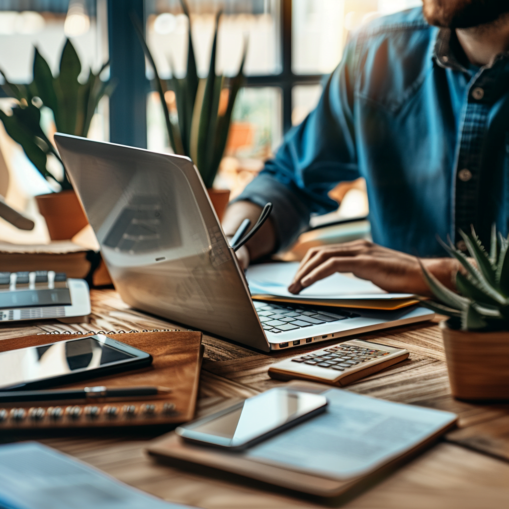 Person writing notes at a cluttered desk with a laptop, phone, calculator, and plants in the background, ensuring they never miss a payment with kleesto payment management. | kleesto