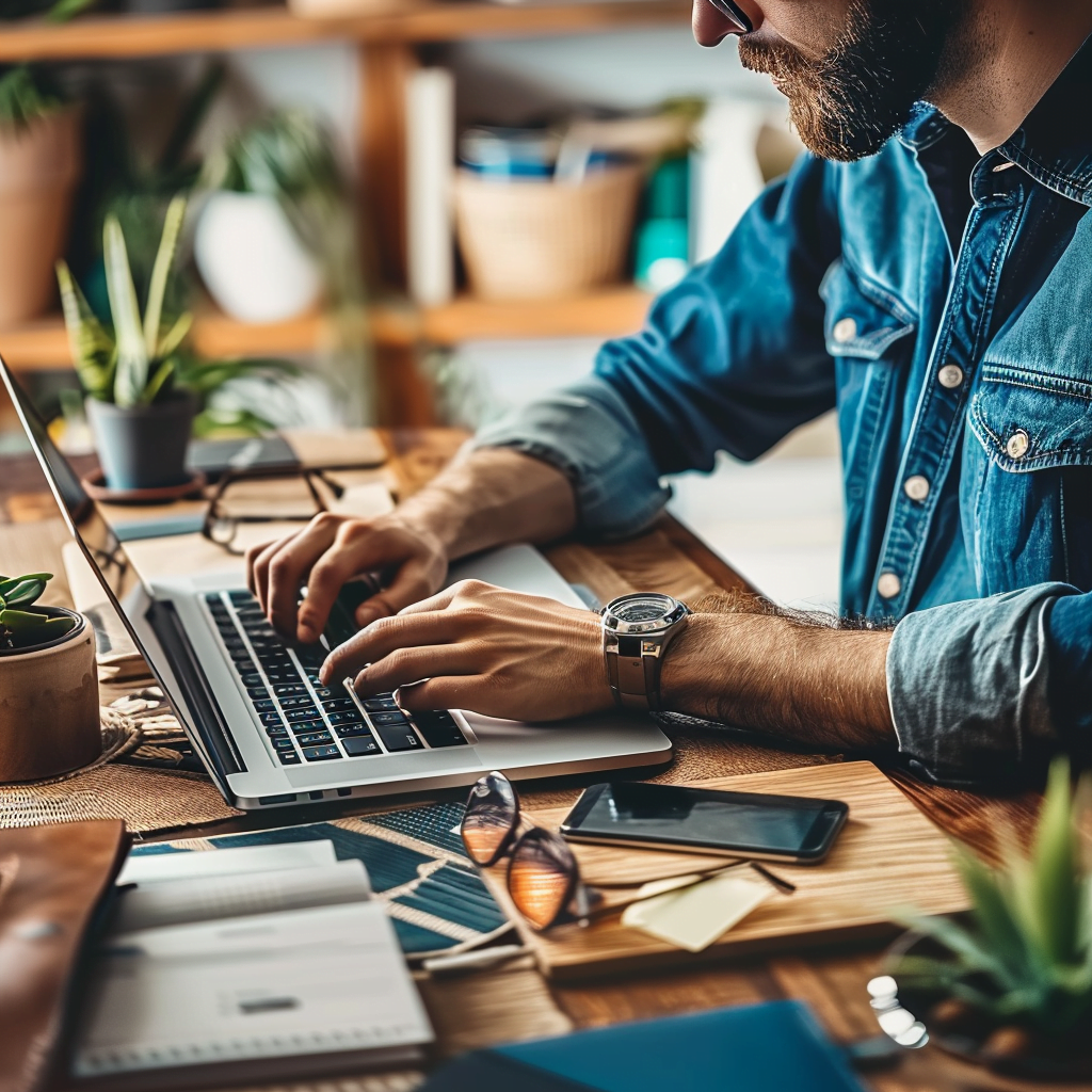 A person in a denim shirt is typing on a laptop at a desk adorned with plants, notebooks, a pen, and sunglasses nearby; they’re focused on their kleesto payment management to never miss a payment. | kleesto