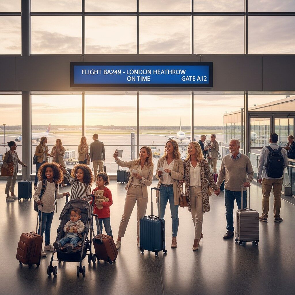 Happy travelers at airport representing the vacation package market for selling vacation packages