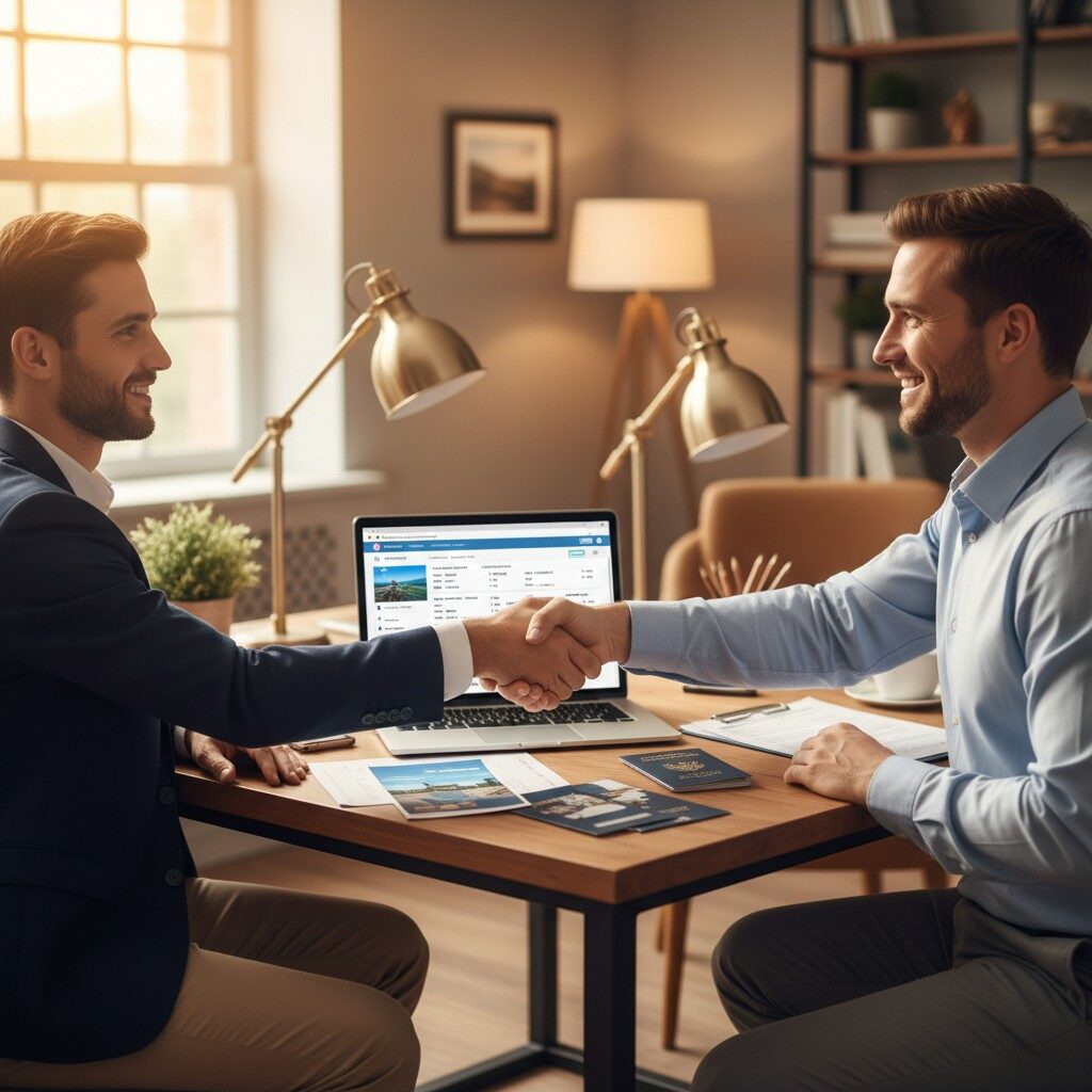 Business consultation demonstrating how to become a travel agent from home professionally