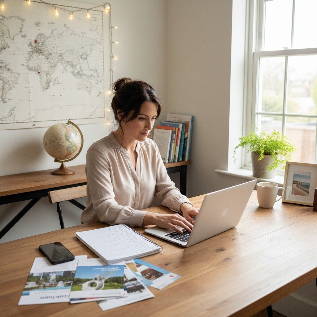 Independent travel advisor home office setup for selling vacation packages