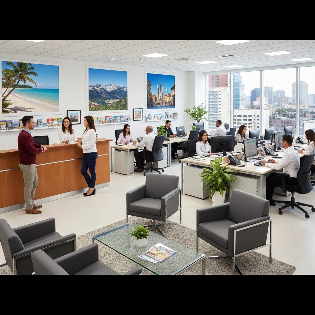 Full-service travel agency team selling vacation packages to clients
