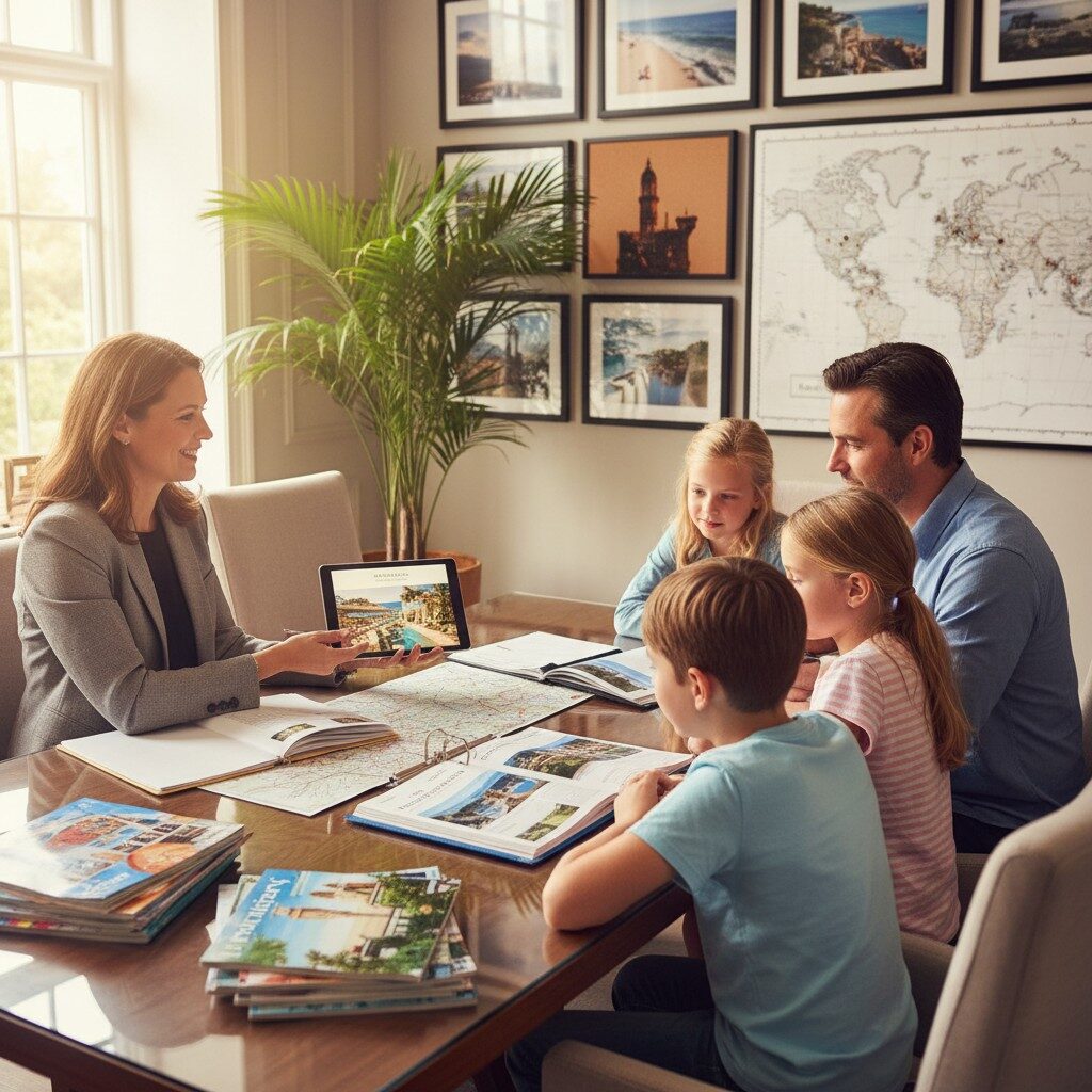 Travel consultant consulting with clients about selling vacation packages options