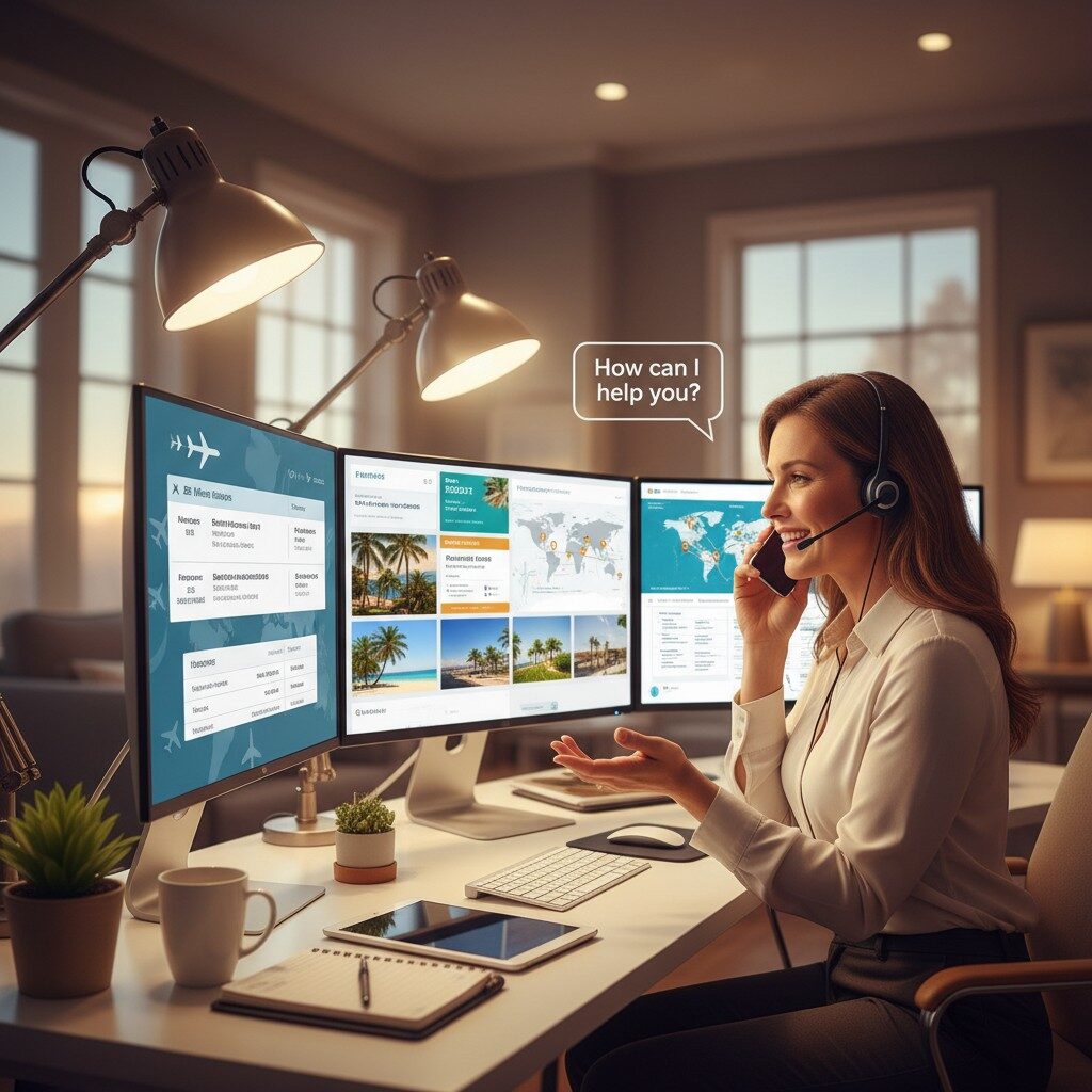 Customer service representative helping clients with selling vacation packages support