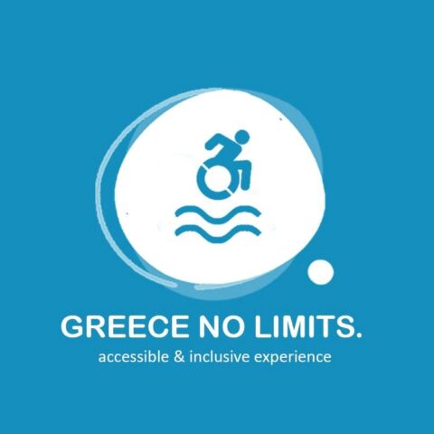 Graphic symbolizing accessible tourism managed by kleesto in Greece, featuring an icon of a person in a wheelchair above stylized waves. | kleesto