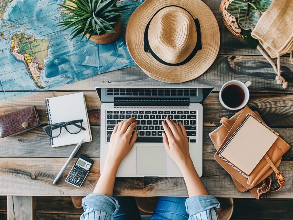 Hands typing on a laptop surrounded by travel items like a map of South America, hat, notebook, calculator, coffee, and payment links. | kleesto