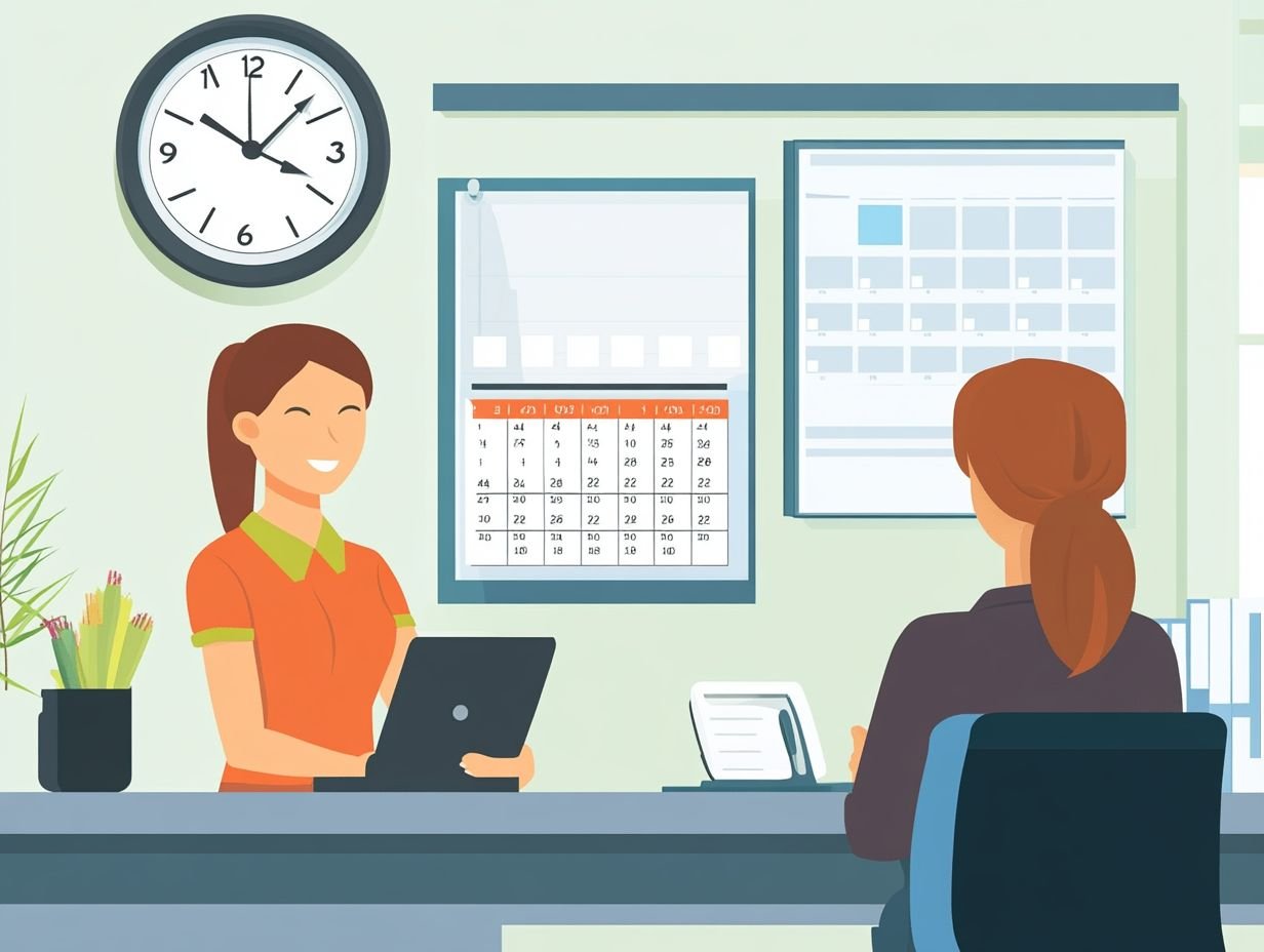 Two women having a discussion at an office desk, with a clock and calendar on the wall in the background, possibly reviewing the new Cut-off Time Policy. | kleesto