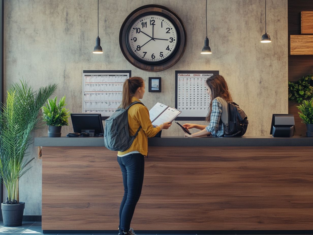 Two people with backpacks stand at a reception desk under a large clock, engaging with a receptionist who is holding a clipboard and discussing the cut-off time policy. | kleesto