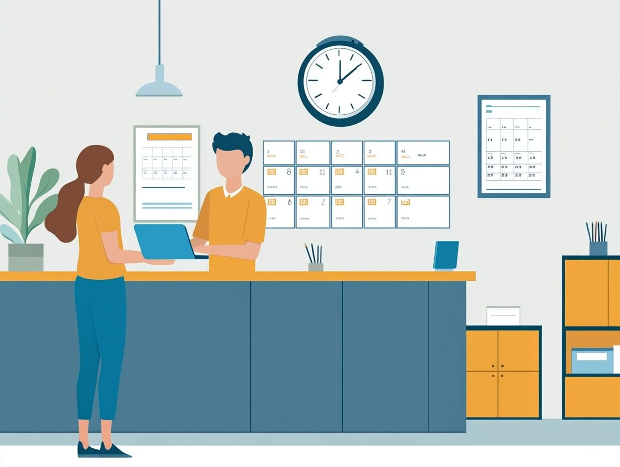 Illustration of a woman at a reception desk, discussing the cut-off time policy with a receptionist. A clock and calendar are on the wall. | kleesto