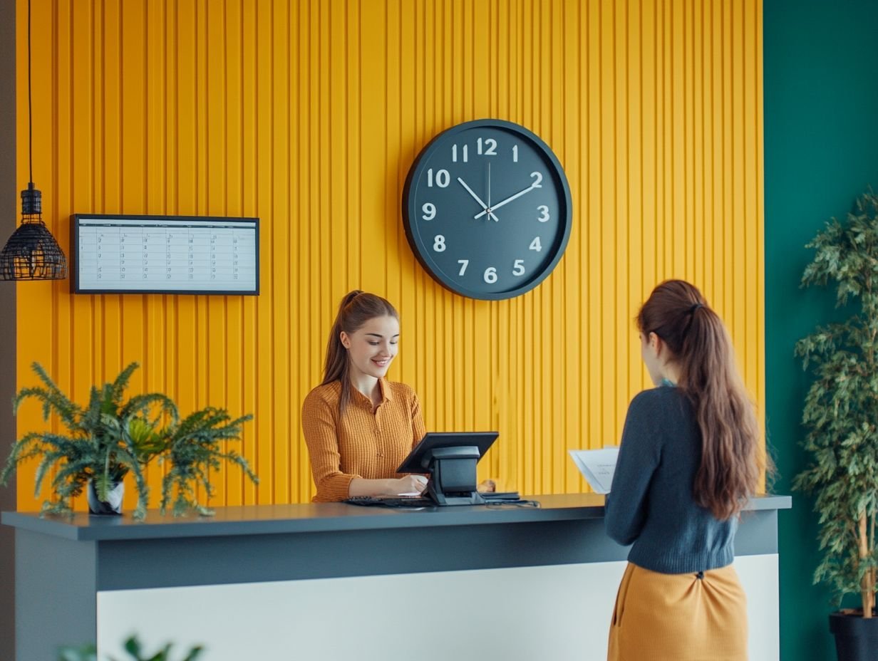 Two women at a reception desk; one is behind the desk, typing, while the other stands in front holding papers, discussing the cut-off time policy. | kleesto