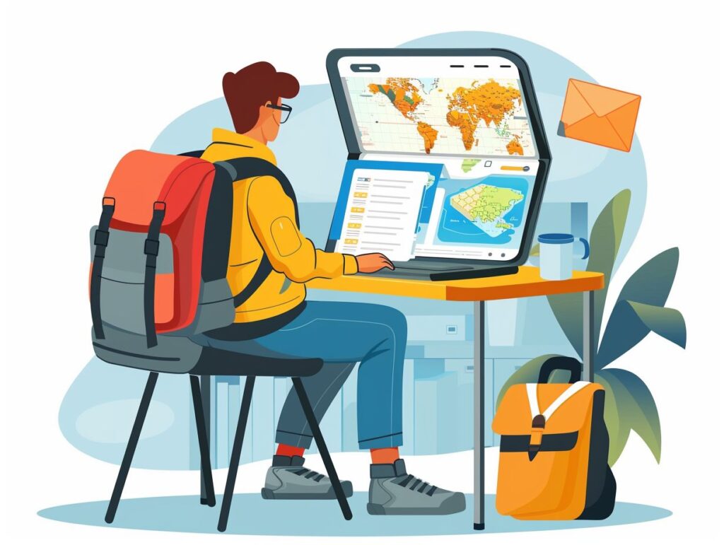 Person at a desk with a large travel map on screen, wearing a backpack, surrounded by plants and bags, setting up payment links. | kleesto