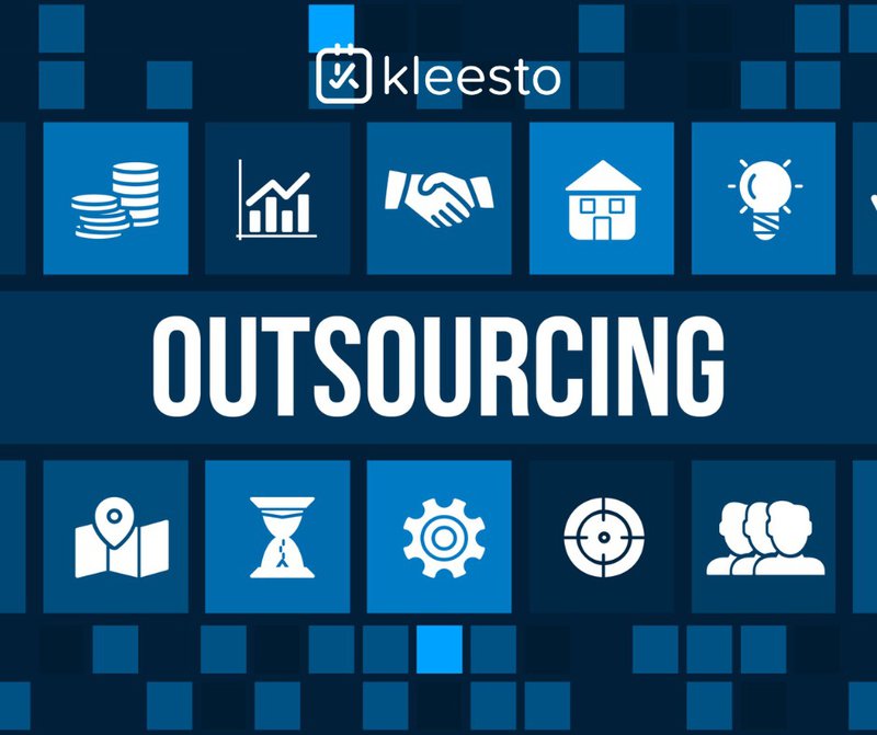 A graphic with the word "kleesto" in the center surrounded by various icons representing business services and processes. | kleesto
