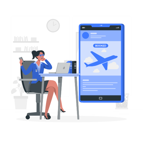 Woman at desk with laptop successfully books a flight on her smartphone using Kleesto. | kleesto